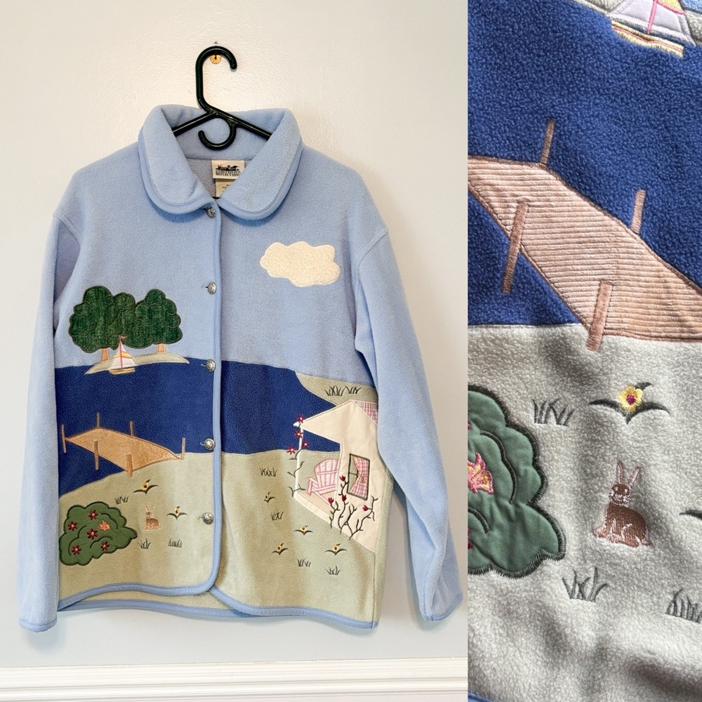 Vintage 90s Northern Reflections Fleece Beach Scene Jacket Sz M Coastal Grandma